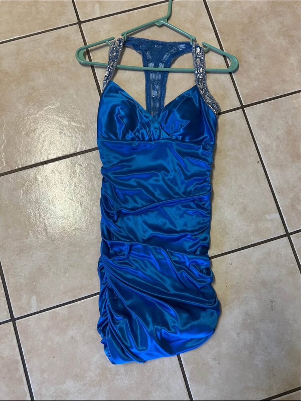 Blue Satin Mini Dress with Beaded Straps